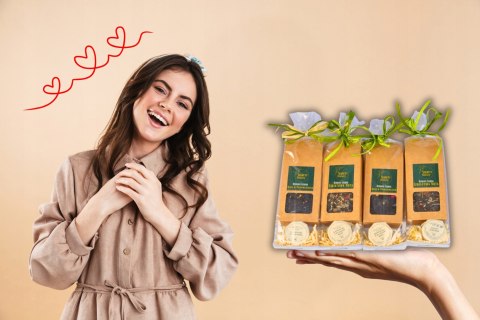 Zestaw 4 upominków herbata i konfitura eleganckie mini prezenty na okazję Zestaw 4 upominków herbata i konfitura eleganckie mini prezenty na okazję